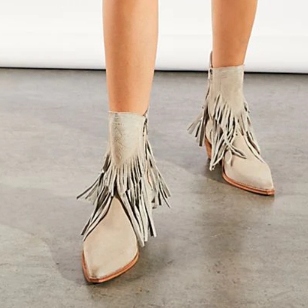 New! Fringe Tassel Faux Suede Pointy Toe Block Heel Western Booties Boots - Picture 2 of 5